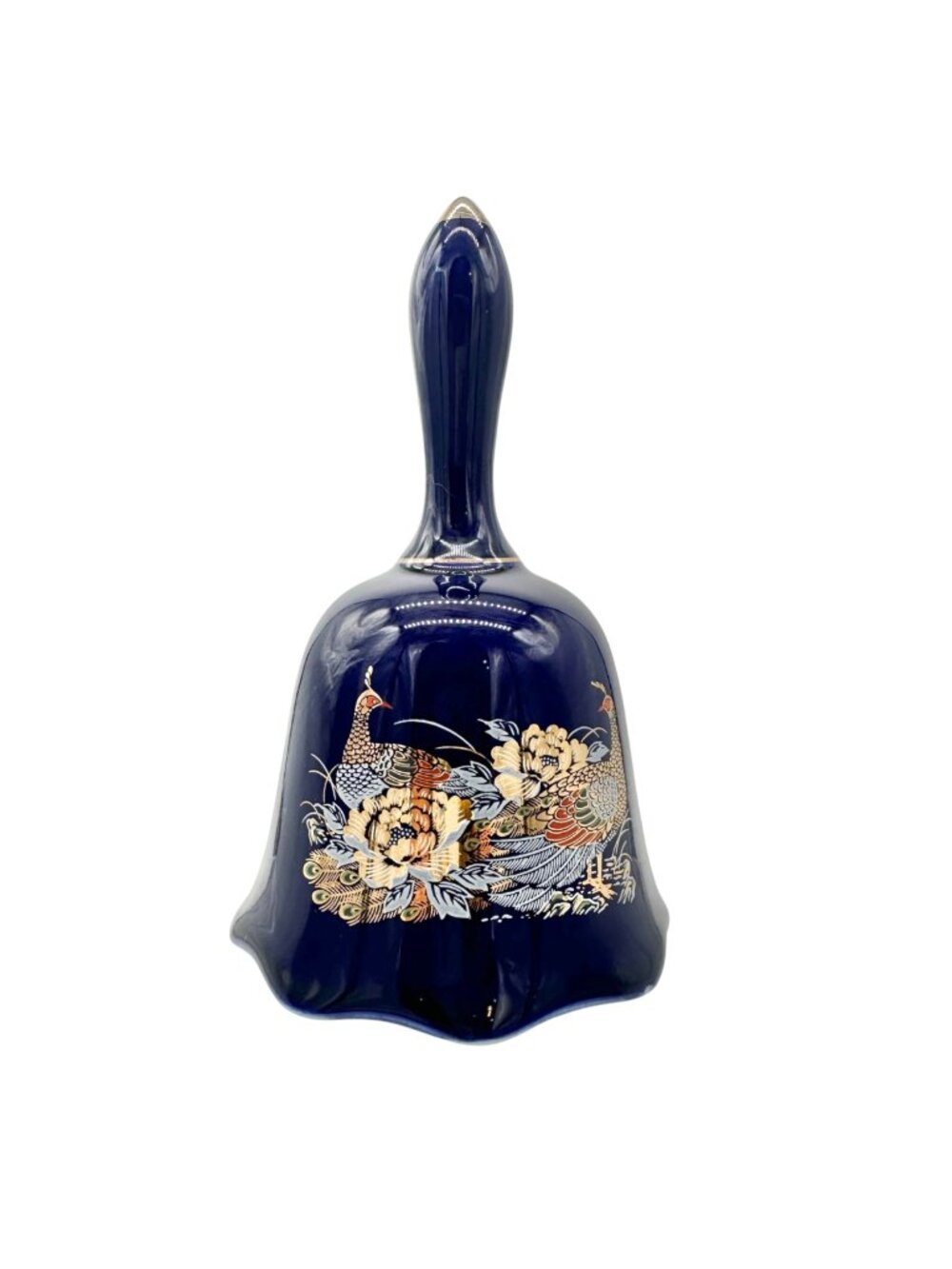 Vintage Navy Porcelain Bell With Golden Peacock and Floral Design 5.5" Tall